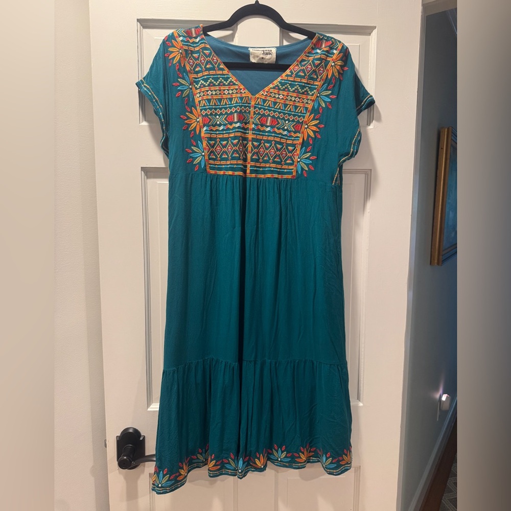 Savanna Jane Embroidered Boho Midi Dress | Teal Green | Size M | Tiered